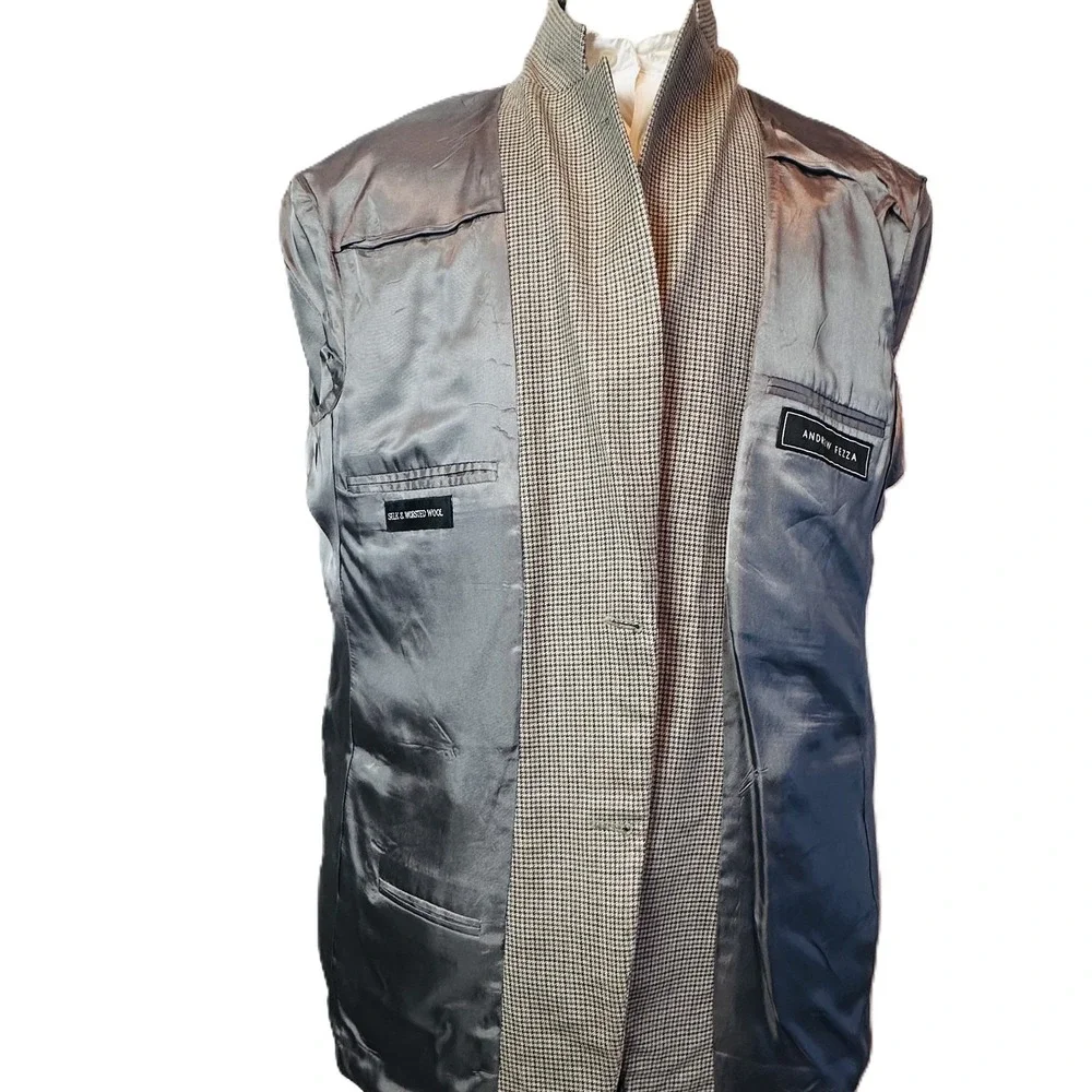 A Fezza Beige Houndstooth Tan Silk Wool 2-Button Blazer 44L Sport Coat Jacket‎